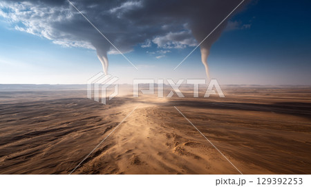 Dust devils spiraling over desert floor. Water crisis and water shortage in summer during long drought is a global problem of drought on the planet. 129392253