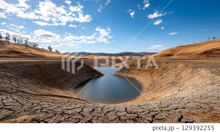 Dry dam with visible bottom and surrounding drought. Water crisis and water shortage in summer during long drought is a global problem of drought on the planet. 129392255