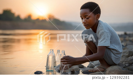 African boy draws water into bottles from the river. Water crisis and water shortage in summer during long drought is a global problem of drought on the planet. 129392281