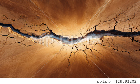 Aerial view of a cracked desert landscape under scorching sun. Water crisis and water shortage in summer during long drought is a global problem of drought on the planet. 129392282