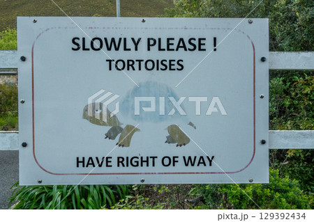 Warning sign to give wild tortoises right of way in South Africa 129392434
