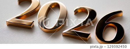 Happy new year 2026 - festive new year party background greeting card with text - Golden yellow fireworks in dark black night. The numbers are written on a white light background, banner Happy new year 2026 - festive new year party background greeting card with text - Golden yellow fireworks in dark black night. The numbers are written on a white light background, banner 129392450