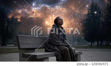 A homeless person wrapped in layers of clothing, sitting on a concrete bench in a park, looking up at the starry sky 129392471