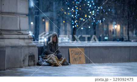 A homeless person with a crumpled coat, sleeping beside a wall with a sign saying "Please help," as the snow gently falls A homeless person with a crumpled coat, sleeping beside a wall with a sign saying "Please help," as the snow gently falls 129392475