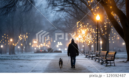 A homeless man with a dog, walking through a snow-covered park at dawn, with empty benches and distant holiday lights glowing in the background A homeless man with a dog, walking through a snow-covered park at dawn, with empty benches and distant holiday lights glowing in the background 129392487