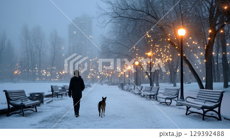 A homeless man with a dog, walking through a snow-covered park at dawn, with empty benches and distant holiday lights glowing in the background A homeless man with a dog, walking through a snow-covered park at dawn, with empty benches and distant holiday lights glowing in the background 129392488