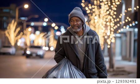 A homeless man walking down the street carrying a large bag filled with personal items, as holiday lights twinkle overhead A homeless man walking down the street carrying a large bag filled with personal items, as holiday lights twinkle overhead 129392491