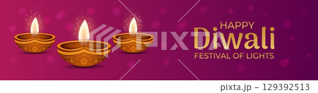 Happy Diwali. Festival of Lights horizontal banner with oil lamps and pink background with bokeh effect. Vector illustration. Happy Diwali. Festival of Lights horizontal banner with oil lamps and pink background with bokeh effect. Vector illustration. 129392513