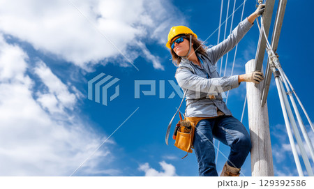 Industry woman, engineer, construction concept. Work on high voltage supports with lighting. Industrial maintenance engineer in uniform and protective helmet undergoes inspection and testing. 129392586