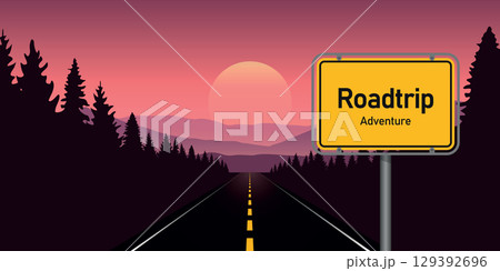 road trip adventure in the forest in mountain landscape vector illustration road trip adventure in the forest in mountain landscape vector illustration 129392696