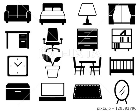 家具のアイコン16種セット モノトーン 家具のアイコン16種セット モノトーン 129392796