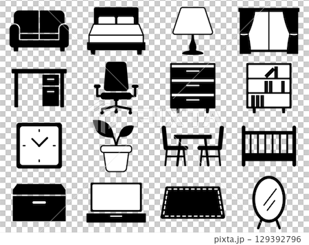 家具のアイコン16種セット モノトーン 家具のアイコン16種セット モノトーン 129392796