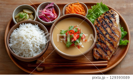 Delicious homemade miso soup with grilled fish and fresh vegetables Delicious homemade miso soup with grilled fish and fresh vegetables 129393089