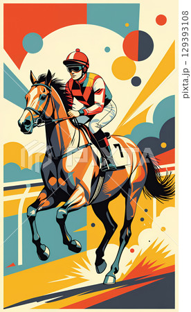horseman rider on horseback.  Colorful vibrant and stylized art cartoon illustration of a jockey riding a horse. Equestrian racing competition poster in retro style. 129393108