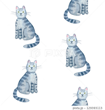 Sitting gray tabby cat with green eyes seamless pattern. Cute watercolor illustration isolated on white. Hand-painted perfect for children product, pet-themed design, greeting card, digital artwork Sitting gray tabby cat with green eyes seamless pattern. Cute watercolor illustration isolated on white. Hand-painted perfect for children product, pet-themed design, greeting card, digital artwork 129393113
