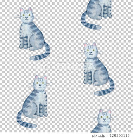 Sitting gray tabby cat with green eyes seamless pattern. Cute watercolor illustration isolated on white. Hand-painted perfect for children product, pet-themed design, greeting card, digital artwork Sitting gray tabby cat with green eyes seamless pattern. Cute watercolor illustration isolated on white. Hand-painted perfect for children product, pet-themed design, greeting card, digital artwork 129393113