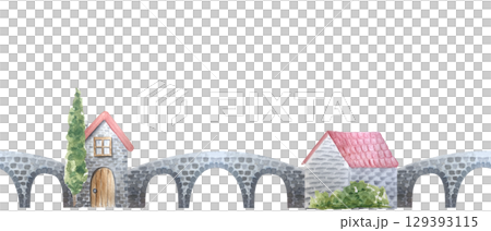 Stone arched bridge, two houses, and cypress tree seamless watercolor border. Decorative horizontal clip art. Perfect for scrapbooking, stationery, children's designs, and fairytale projects. Village 129393115