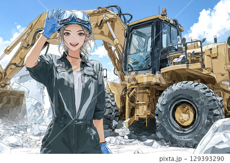 ショベルカーの前で手を振る女性のイラスト素材 ショベルカーの前で手を振る女性のイラスト素材 129393290