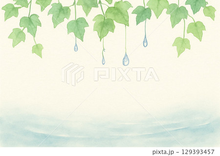 波模様・水流・水滴シリーズ:ツタ植物と水滴の涼やかな夏のトップ背景(水面入り・水彩風) 波模様・水流・水滴シリーズ:ツタ植物と水滴の涼やかな夏のトップ背景(水面入り・水彩風) 129393457