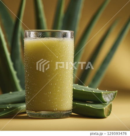 Glass of yellowish green juice with droplets surface placed surface with aloe vera leaves and large aloe vera plant background fresh and refreshing beverage vibrant and healthy natural drink 129393476