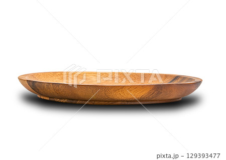 Side view of wooden plate isolated on white background. Side view of wooden plate isolated on white background. 129393477