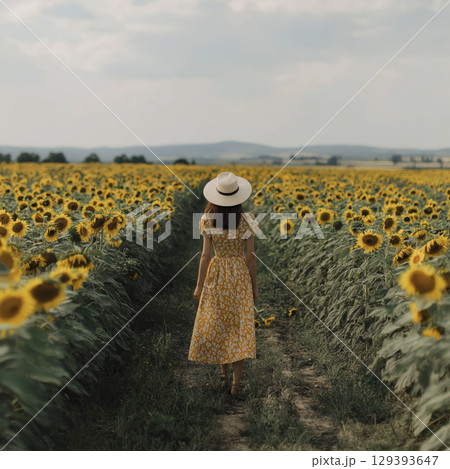 Woman walking through sunflower field on cloudy day, wearing yellow floral dress and wide brimmed hat, creating peaceful and scenic summer atmosphere 129393647