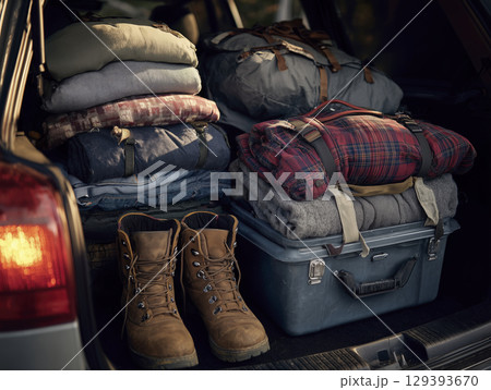 Packed car trunk with folded clothes, backpacks, and hiking boots ready for outdoor adventure, suggesting preparation for camping or hiking trip, with sense of excitement and anticipation 129393670