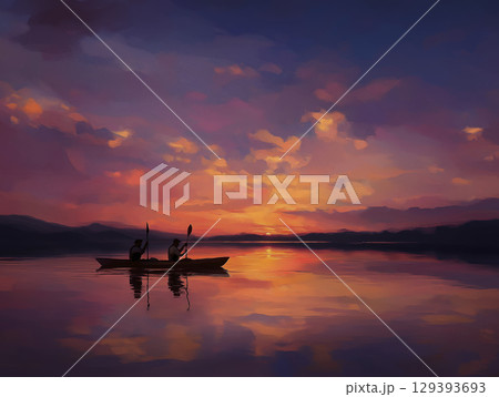 Two people kayaking on calm lake during colorful sunset with vibrant clouds and mountain silhouettes in background, creating peaceful and scenic outdoor scene Two people kayaking on calm lake during colorful sunset with vibrant clouds and mountain silhouettes in background, creating peaceful and scenic outdoor scene 129393693