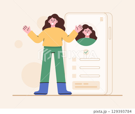 Flat style illustration of a smiling character with smartphone. Representing personal branding, online identity, and professional profile management. Business profile management concept. Flat style illustration of a smiling character with smartphone. Representing personal branding, online identity, and professional profile management. Business profile management concept. 129393784