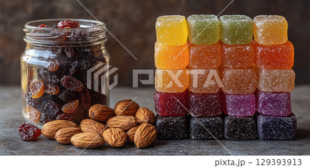 Proper nutrition, fitness diet A jar of wholesome nuts and dried fruits sits next to a stack of brightly colored, sugary candy bars. 129393913