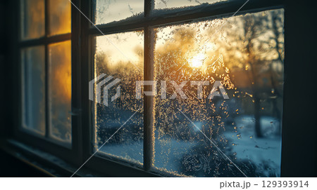a frosted window with a minimum of snowflakes or condensation, a winter New Year's atmosphere. a frosted window with a minimum of snowflakes or condensation, a winter New Year's atmosphere. 129393914