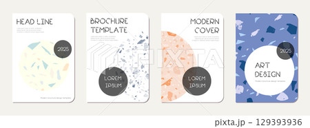School diary cover design. Terrazzo abstract background made of natural stones, granite, quartz and marble. Venetian terrazzo texture school diary template. 129393936