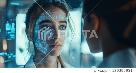 Patient interacting with a virtual health assistant displayed as a hologram in a modern healthcare setting 129393951
