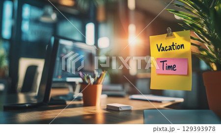 Casual office desk setup with a colorful sticky note reading Vacation Time 129393978
