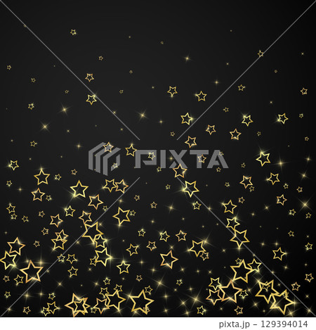 Twinkle stars scattered around randomly, flying, falling down, floating. Christmas celebration concept. Festive stars vector illustration on black background. 129394014