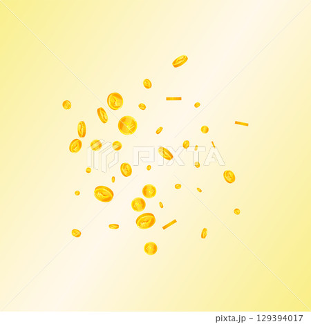 Indian rupee coins falling. Scattered gold INR coins. India money. Great business success concept. Square vector illustration. 129394017