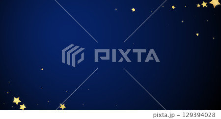Magic stars vector overlay. Gold stars scattered around randomly, falling down, floating. Chaotic dreamy childish overlay template. Enchanting vector with magic stars on dark blue background. 129394028