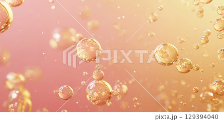 Luxury cosmetics background with golden oil bubbles floating on a soft golden-pink gradient Luxury cosmetics background with golden oil bubbles floating on a soft golden-pink gradient 129394040