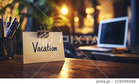 Minimalist office desk with a handwritten note reading Vacation placed next to a laptop, blurred office supplies in the background 129394048