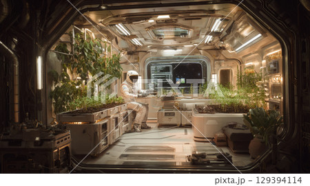 Futuristic Space Station Interior with Hydroponic Garden 129394114