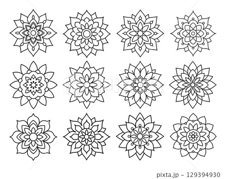 Mandala Ornament Bundle Line Art Floral Geometric Vector Set for Coloring Pages and Crafts 129394930