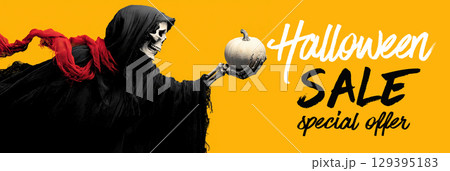 Skeleton in black cloak holds white pumpkin with red ribbon, promoting Halloween sale special offer 129395183