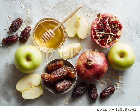 Flat lay of Rosh Hashanah foods 129395342