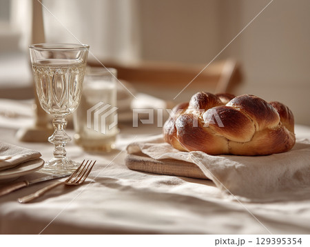 Elegant Shabbat table setting with round challah 129395354