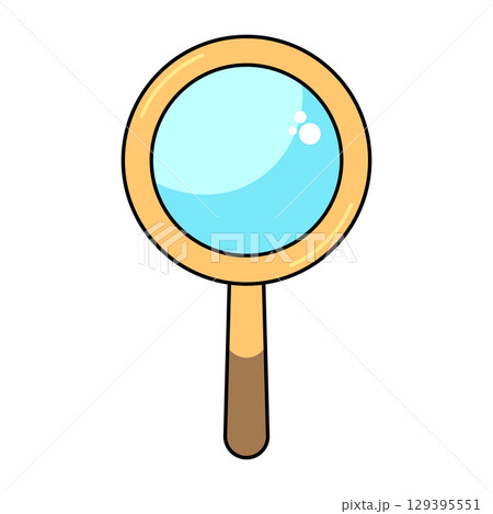 Cartoon Magnifying Glass Vector Illustration. Bright and playful vector illustration of a magnifying glass with a golden-yellow frame, light blue lens and wooden handle. Cartoon Magnifying Glass Vector Illustration. Bright and playful vector illustration of a magnifying glass with a golden-yellow frame, light blue lens and wooden handle. 129395551