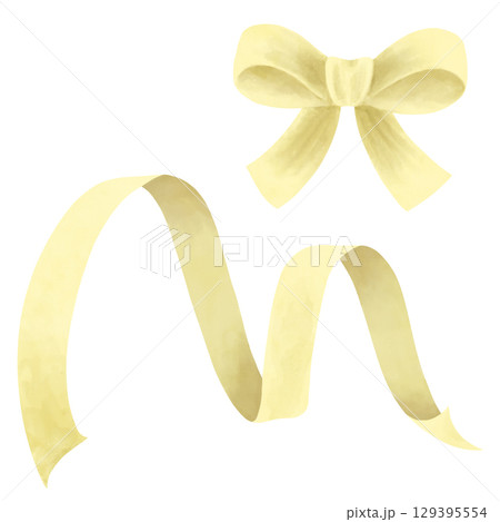 Hand-drawn watercolor yellow ribbon and bow isolated on white background. Decorative element in pastel tones for festive designs, greeting cards 129395554