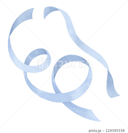 Hand-drawn watercolor blue ribbon isolated on white background. Decorative element in pastel tones for festive designs, greeting cards, invitations 129395556