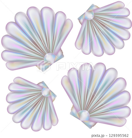 3D Abstract Scallop seamless pattern in Y2K style. Three-dimensional Shell Scallop on White background. Gradient holographic retro template. 3D chrome bubble art. 129395562