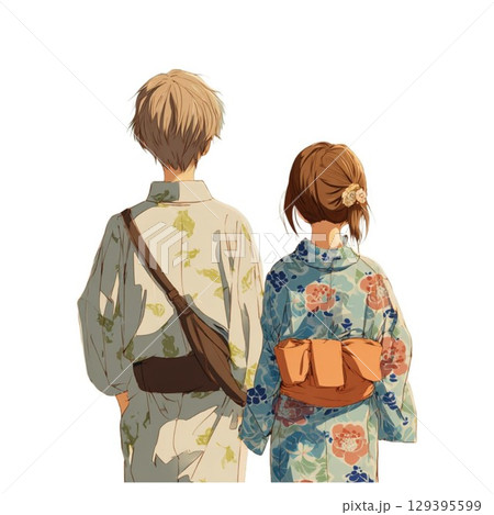 男女浴衣の後ろ姿（背景白） 129395599