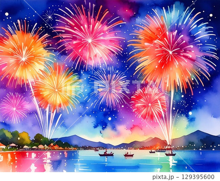 湖畔の花火大会イラスト 129395600